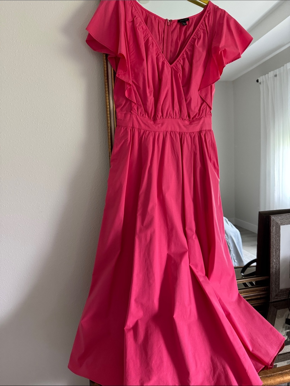 Ann Taylor Hot Pink V-Neck Ruffle Sleeve Midi Dress